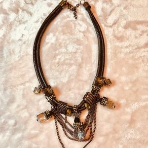 Funky Necklace on Brown Leather Multiple Pendants